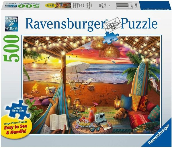 Ravensburger Puzzle 16795 - 500 Teile - Large - Cozy Cabana - Sonnenuntergang am Strand- Rarität