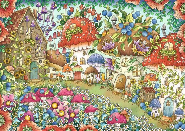 Ravensburger Puzzle 16997 - 1000 Teile - Niedliche Pilzhäuschen in der Blumenwiese