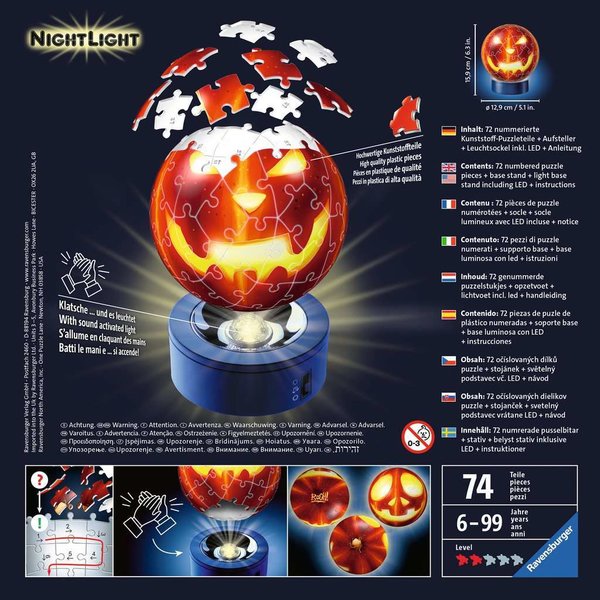 Ravensburger 3D - Puzzle - Ball 11253 - 72 Teile - Kürbiskopf Nachtlicht - Halloween